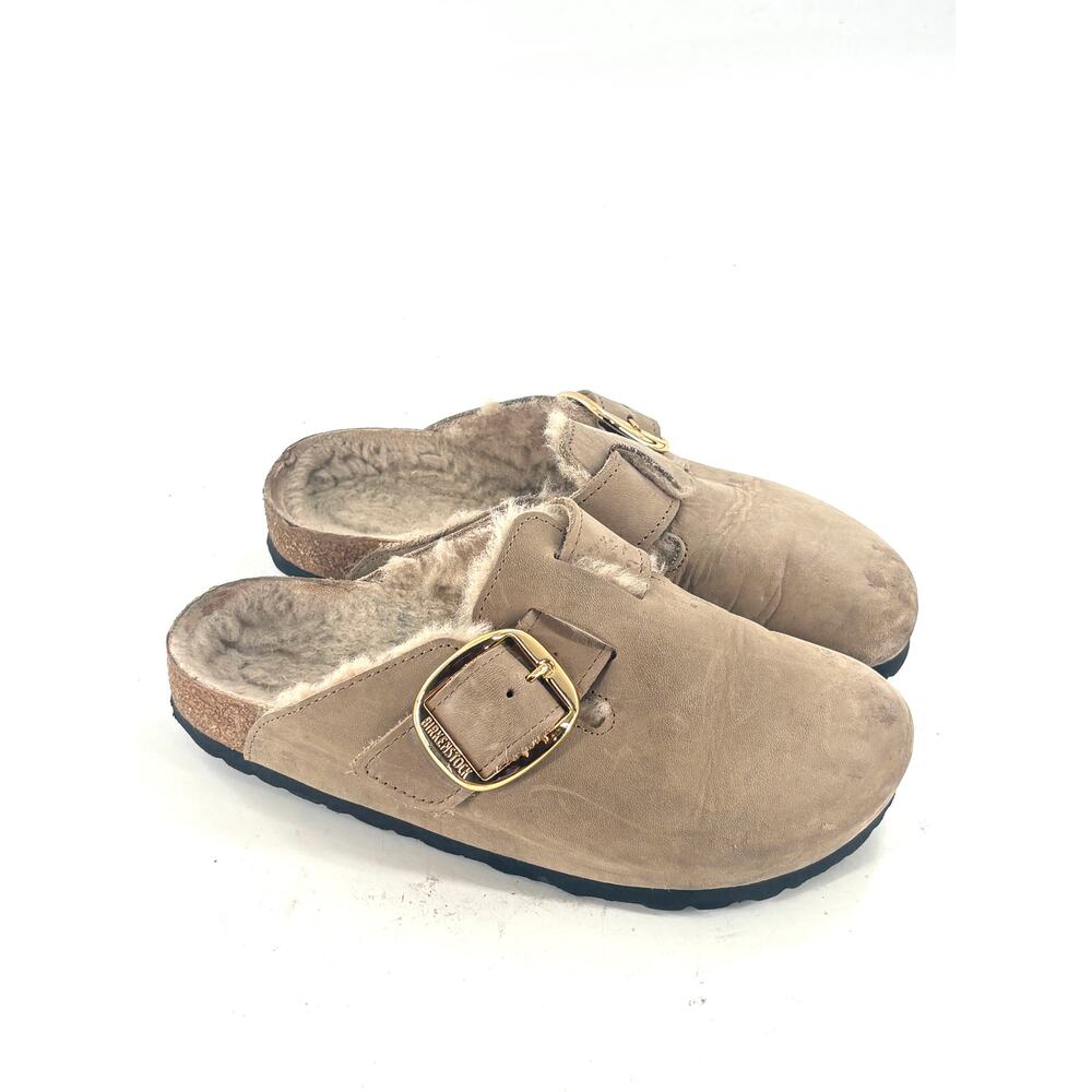 Birkenstock Big Buckle Boston Sherpa Clogs 37 7 Tobacco Brown Taupe Tan Leather - Picture 2 of 6
